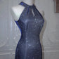 Shiny Navy Halter Backless Mermaid Satin Long Formal Prom Dress, D197