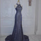 Shiny Navy Halter Backless Mermaid Satin Long Formal Prom Dress, D197