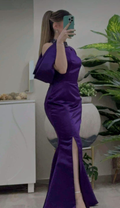 Elegant Purple Halter Mermaid Satin Long Formal Prom Dress, D199