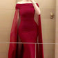 Wine Red Off Shoulder Mermaid Satin Long Party Dress, D203