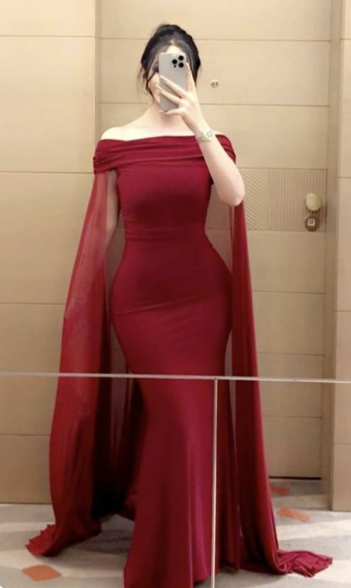 Wine Red Off Shoulder Mermaid Satin Long Party Dress, D203