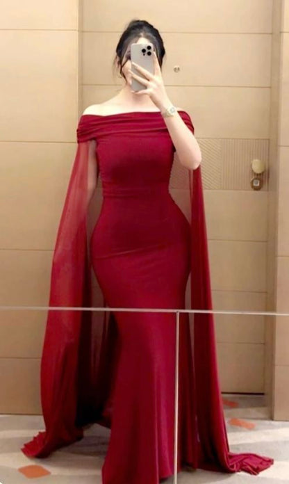 Wine Red Off Shoulder Mermaid Satin Long Party Dress, D203