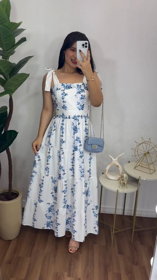 White Straps A-Line Floral Fashion Vacation Dress Long Party Dress, D204