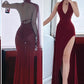 Burgundy Halter V Neck Sheath Split Sexy Long Party Dress, D211