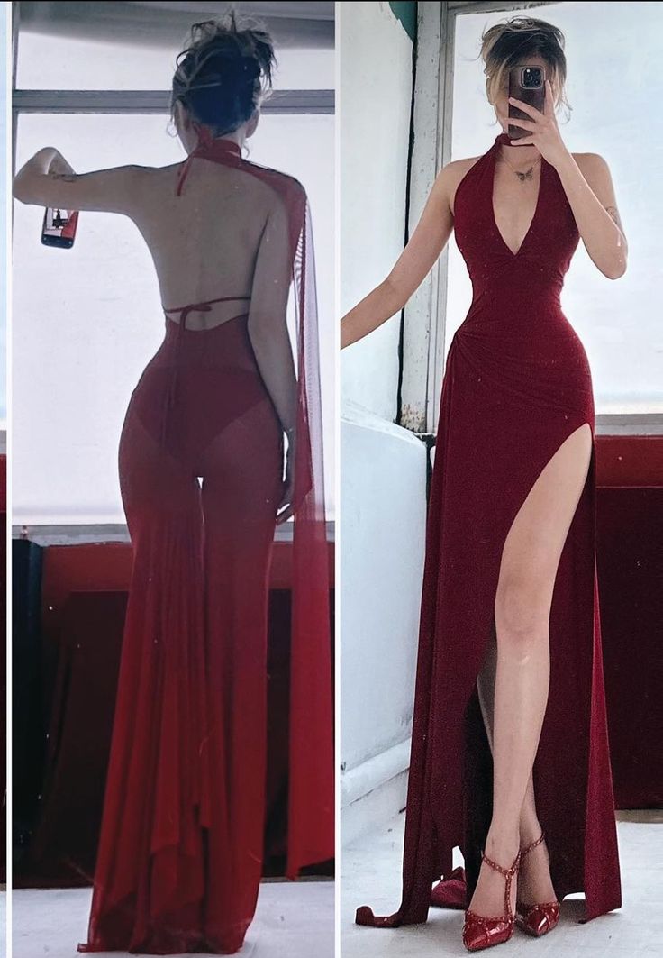 Burgundy Halter V Neck Sheath Split Sexy Long Party Dress, D211