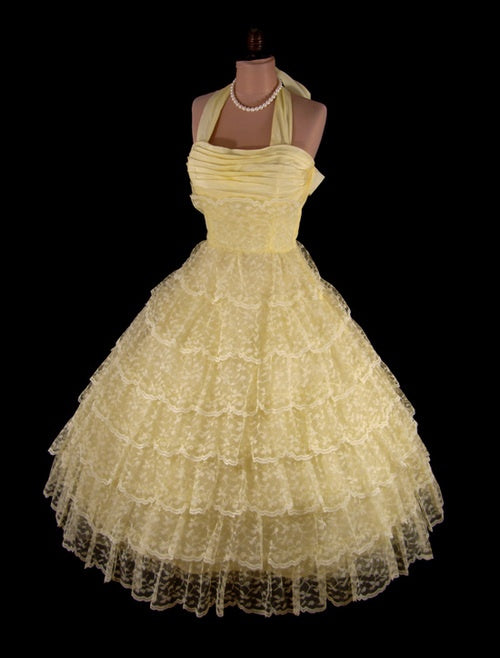 Light Yellow Halter A-Line Lace Tiered Homecoming Dress Birthday Outfits, D236