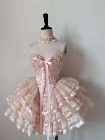 Pink Sweetheart A-Line Lace Tiered Homecoming Dress Birthday Outfits, D237