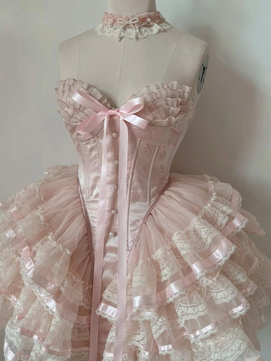 Pink Sweetheart A-Line Lace Tiered Homecoming Dress Birthday Outfits, D237