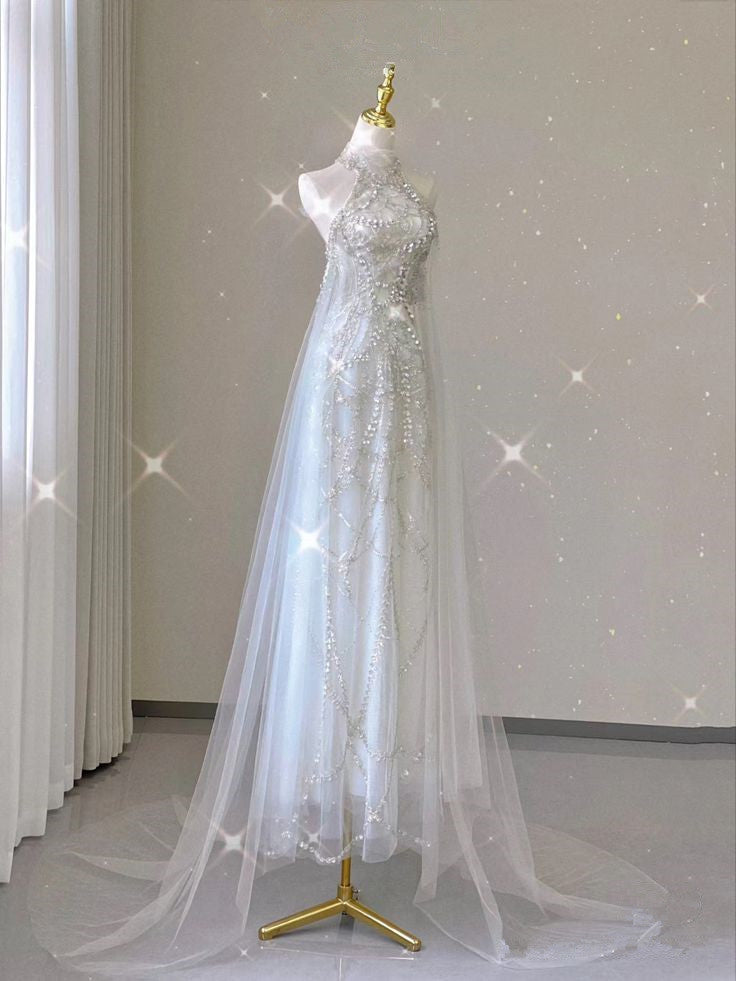 Stunning Halter A-Line Tulle Long Evening Party Dress Wedding Dress, D239