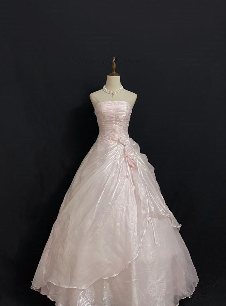 Light Pink Strapless A-Line Birthday Dress Long Evening Party Ball gown, D245