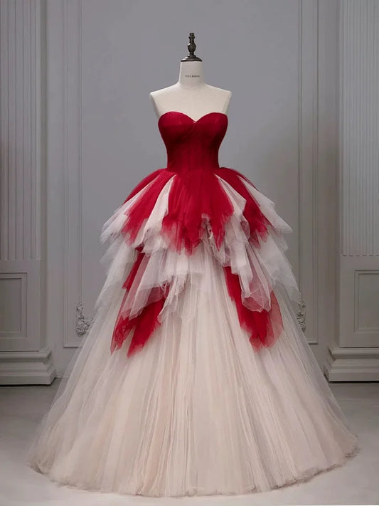 Pretty Ball Gown Sweetheart Tulle Long Red Layers Prom Dresses Sweet 16 Dresses, D254