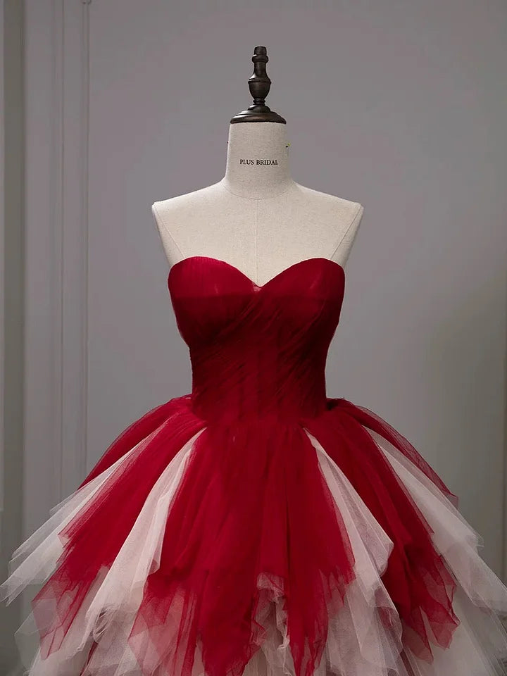 Pretty Ball Gown Sweetheart Tulle Long Red Layers Prom Dresses Sweet 16 Dresses, D254