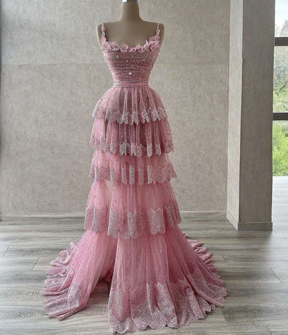 Stunning Pink Spaghetti Straps A-Line Tulle Long Party Dress Birthday Outfits, D257