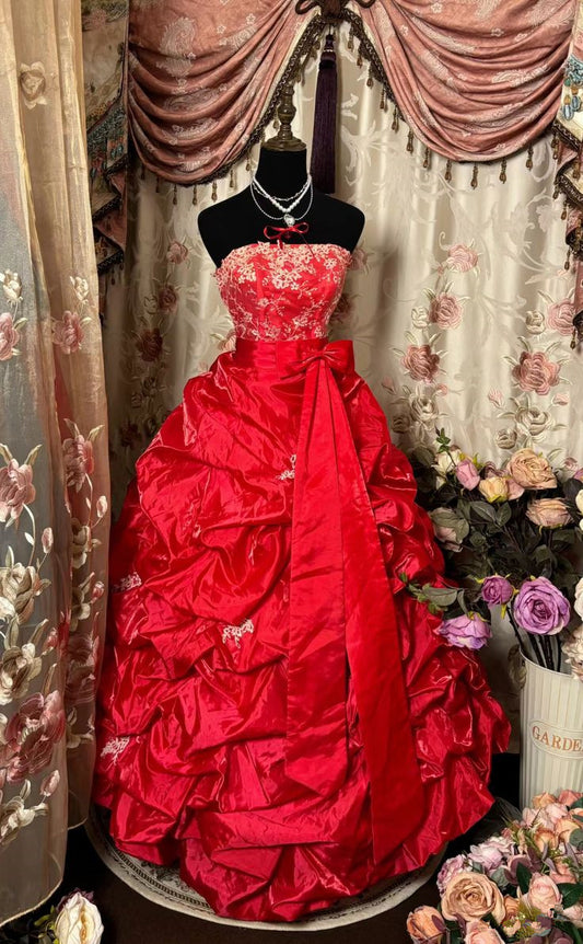 Red Strapless A-Line Satin Vintage Long Evening Dress Formal Ball Gown Dress, D260