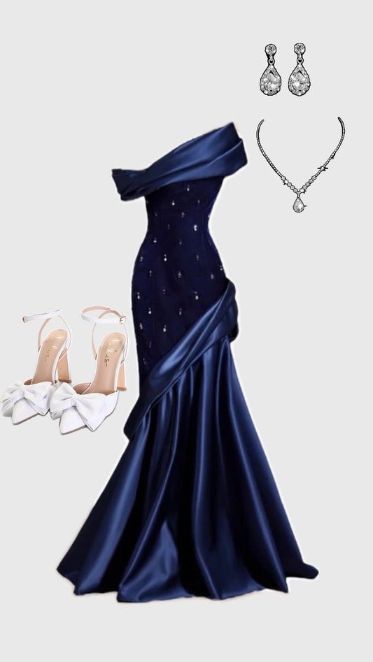 Pretty Mermaid One Shoulder Navy Blue Satin Long Party Dress Prom Dresses, D263