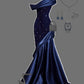 Pretty Mermaid One Shoulder Navy Blue Satin Long Party Dress Prom Dresses, D263