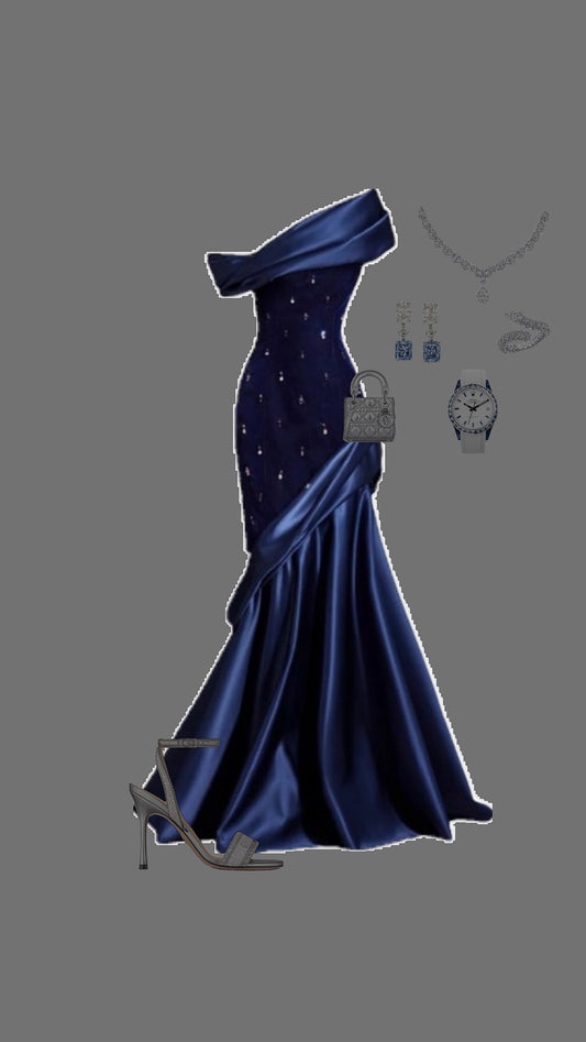 Pretty Mermaid One Shoulder Navy Blue Satin Long Party Dress Prom Dresses, D263