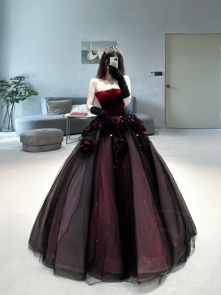 Elegant Burgundy Strapless A-Line Tulle Birthday Ball Gown Long Prom Dress, D264