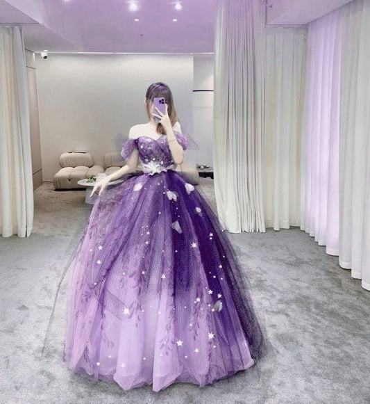 Purple Off Shoulder A-Line Tulle Birthday Ball Gown Long Prom Dress, D265