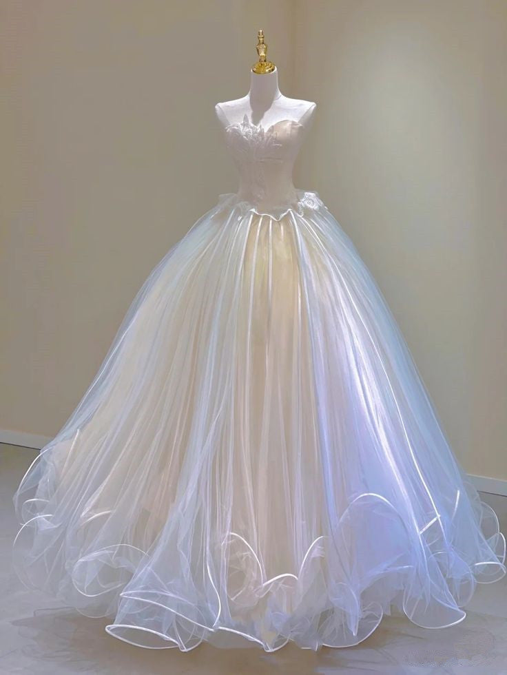 White Sweetheart Neck A-Line Tulle Birthday Ball Gown Wedding Dress Prom Dress, D267