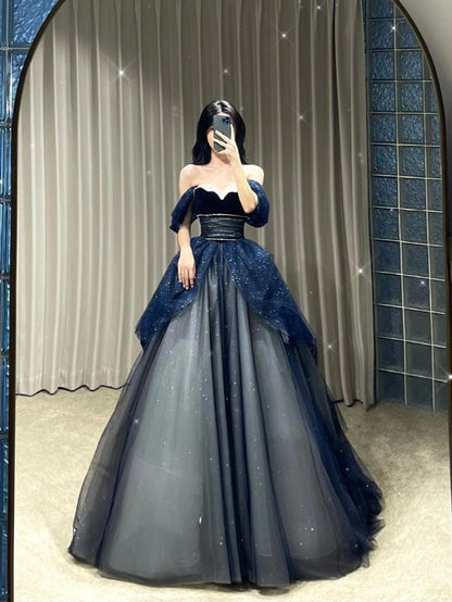 Navy Blue Off Shoulder A-Line Tulle Long Formal Prom Dress Evening Gown, D269