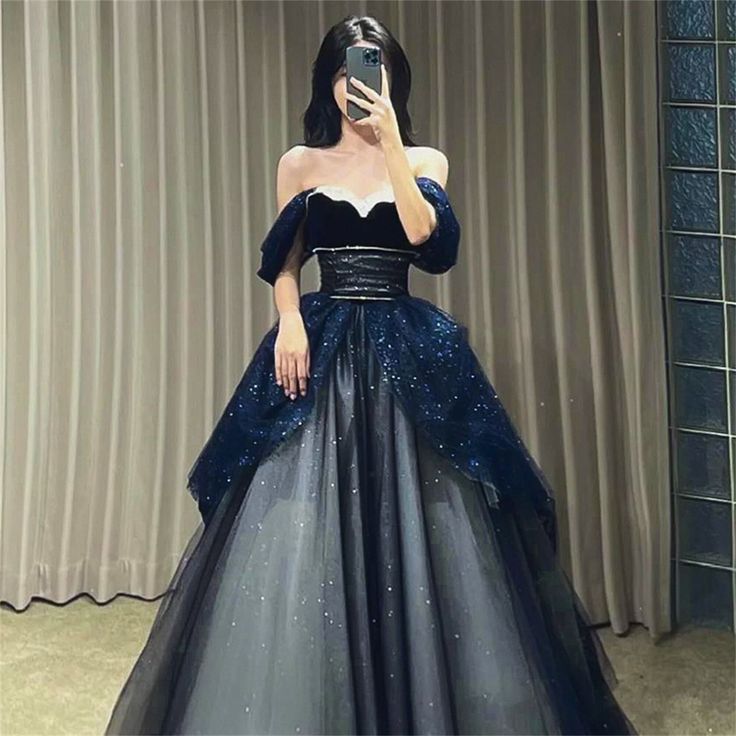 Navy Blue Off Shoulder A-Line Tulle Long Formal Prom Dress Evening Gown, D269