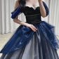 Navy Blue Off Shoulder A-Line Tulle Long Formal Prom Dress Evening Gown, D269