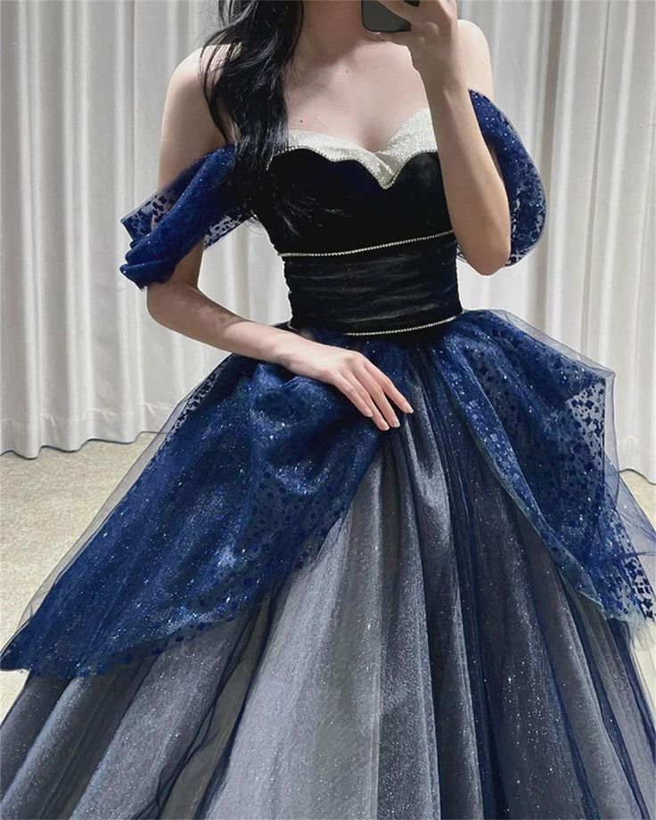 Navy Blue Off Shoulder A-Line Tulle Long Formal Prom Dress Evening Gown, D269