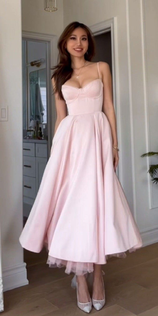 Pink Spaghetti Straps A-Line Lovely Long Party Dress Birthday Dress, D274