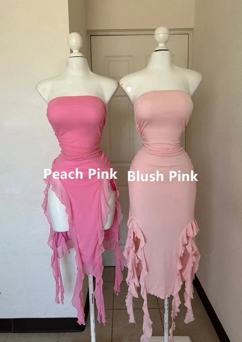 Pink Strapless Sheath Ruffles Long Party Dress Wedding Guest Dress, D285