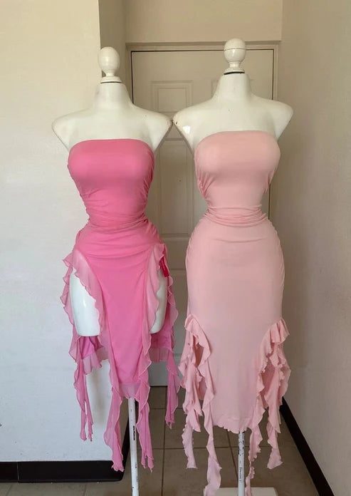 Pink Strapless Sheath Ruffles Long Party Dress Wedding Guest Dress, D285