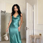 Blue Straps Cross Back Sheath Satin Long Party Dress Bridesmaid Dress, D292