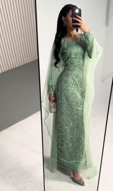 Modest Sage Green Long Sleeves Sequins Sheath Long Formal Prom Dress, D303