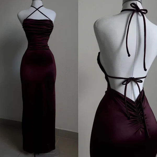 Burgundy Strps Backless Sheath Satin Simple Long Evening Party Dress, D304