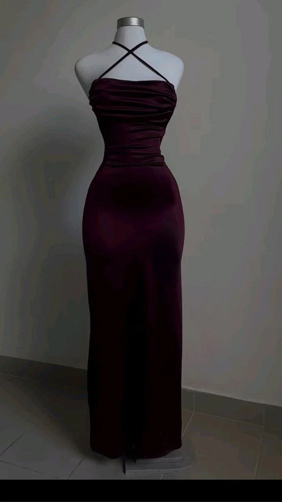 Burgundy Strps Backless Sheath Satin Simple Long Evening Party Dress, D304