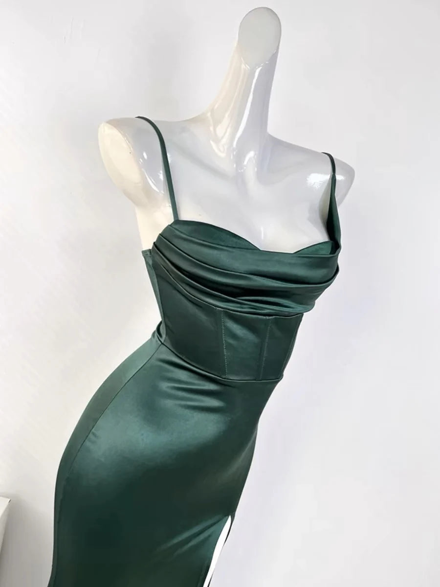 Green Spaghetti Straps Mermaid Satin Long Party Dress Wedding Guest Dress, D308