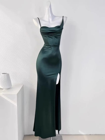 Green Spaghetti Straps Mermaid Satin Long Party Dress Wedding Guest Dress, D308