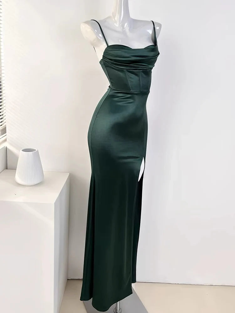 Green Spaghetti Straps Mermaid Satin Long Party Dress Wedding Guest Dress, D308