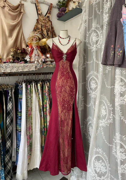 Wine Red Spaghetti Straps Mermaid Lace Vintage Long Evening Party Dress, D318