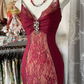 Wine Red Spaghetti Straps Mermaid Lace Vintage Long Evening Party Dress, D318