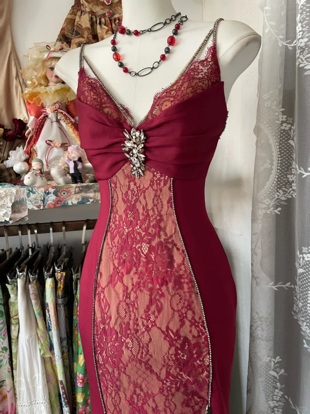 Wine Red Spaghetti Straps Mermaid Lace Vintage Long Evening Party Dress, D318