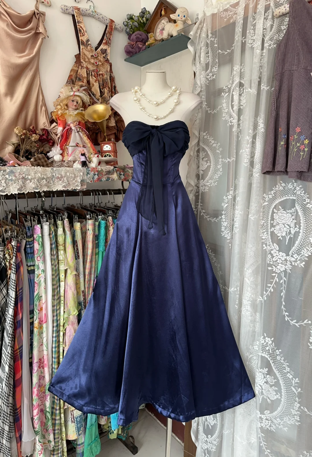 Navy Blue Strapless A-Line Satin Vintage Long Prom Dress Formal Party Dress, D326