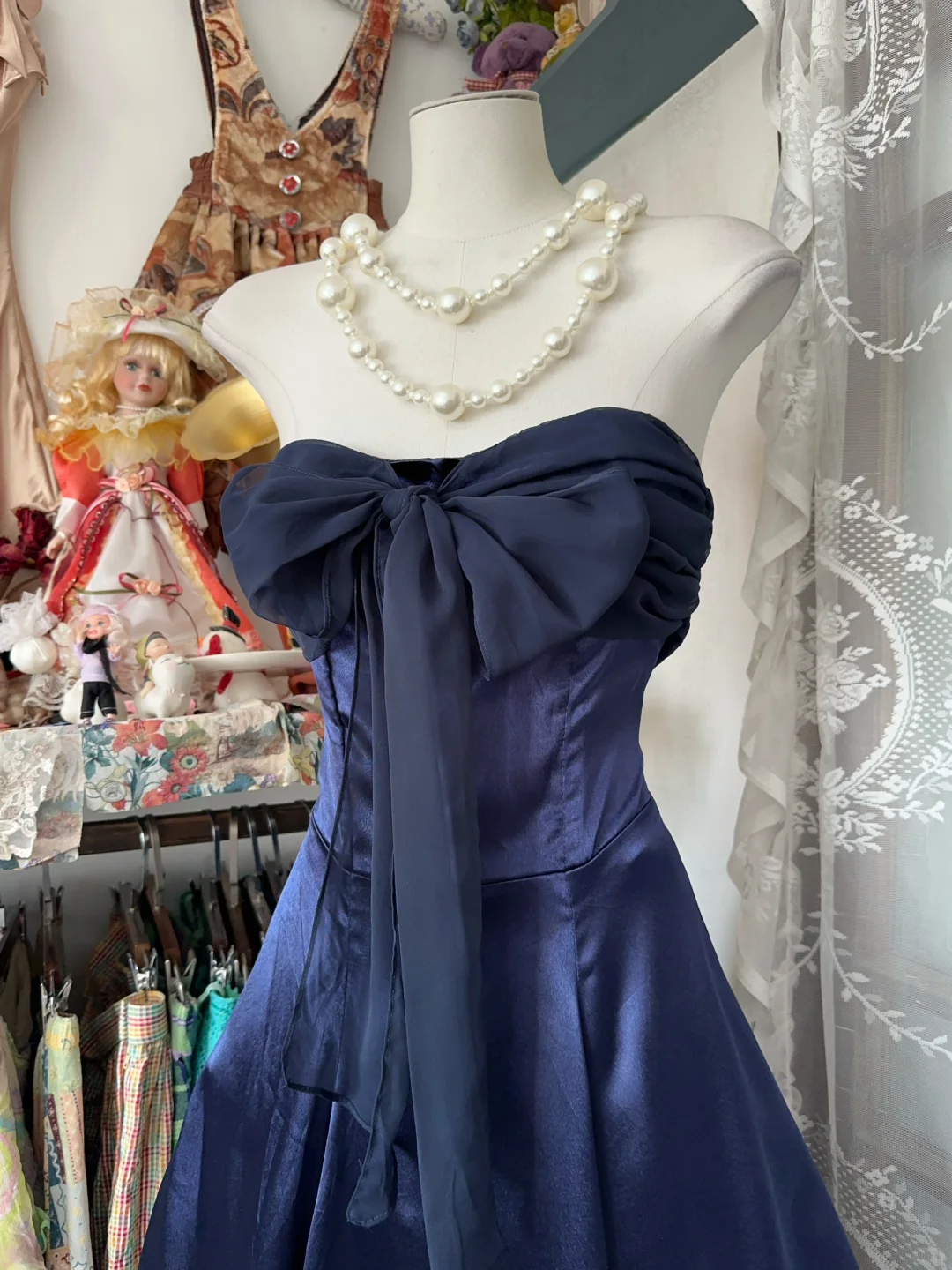 Navy Blue Strapless A-Line Satin Vintage Long Prom Dress Formal Party Dress, D326