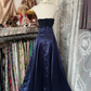 Navy Blue Strapless A-Line Satin Vintage Long Prom Dress Formal Party Dress, D326