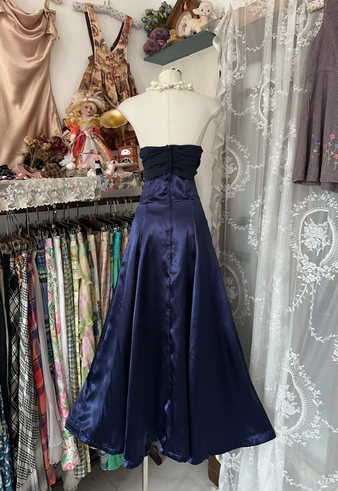 Navy Blue Strapless A-Line Satin Vintage Long Prom Dress Formal Party Dress, D326