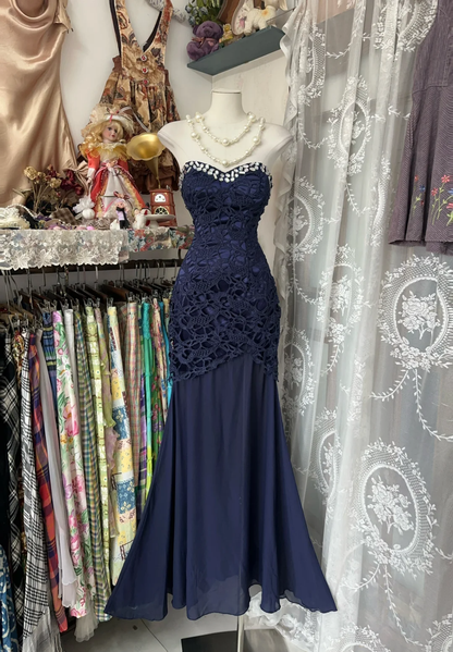 Navy Blue Strapless Mermaid Beading Vintage Long Prom Dress Formal Party Dress, D327