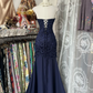 Navy Blue Strapless Mermaid Beading Vintage Long Prom Dress Formal Party Dress, D327