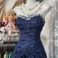 Navy Blue Strapless Mermaid Beading Vintage Long Prom Dress Formal Party Dress, D327