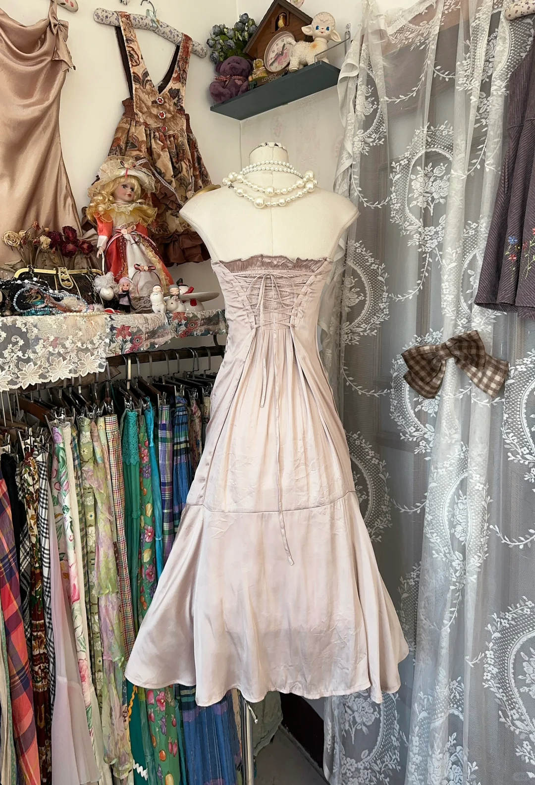 Light Pink Strapless A-Line Satin Midi Length Vintage Party Dress, D335