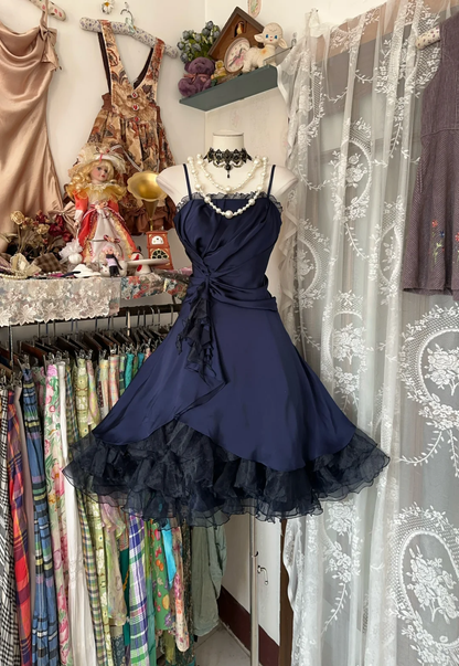 Navy Blue Straps A-Line Satin Vintage Short Party Dress Homecoming Dress, D340